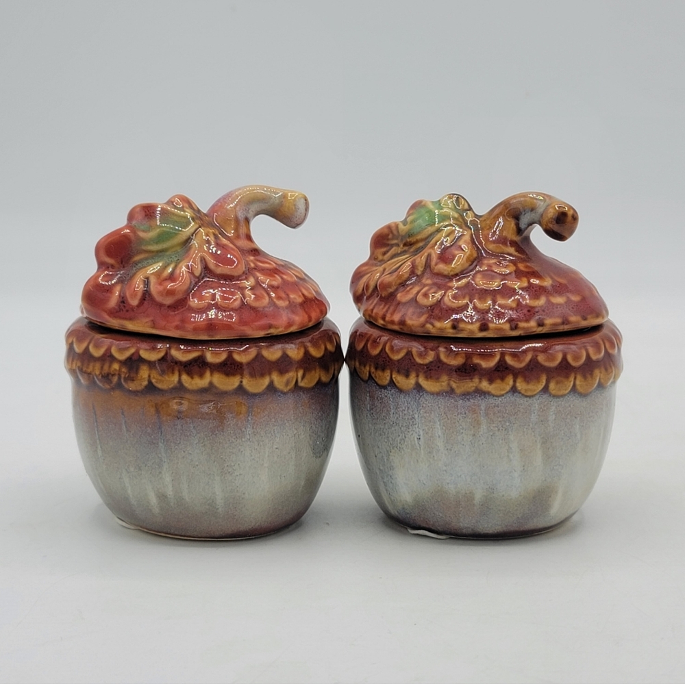 Mini Acorn Ceramic Drip Glaze Tealight Holders Trinket Boxes Autumn Decor Pair